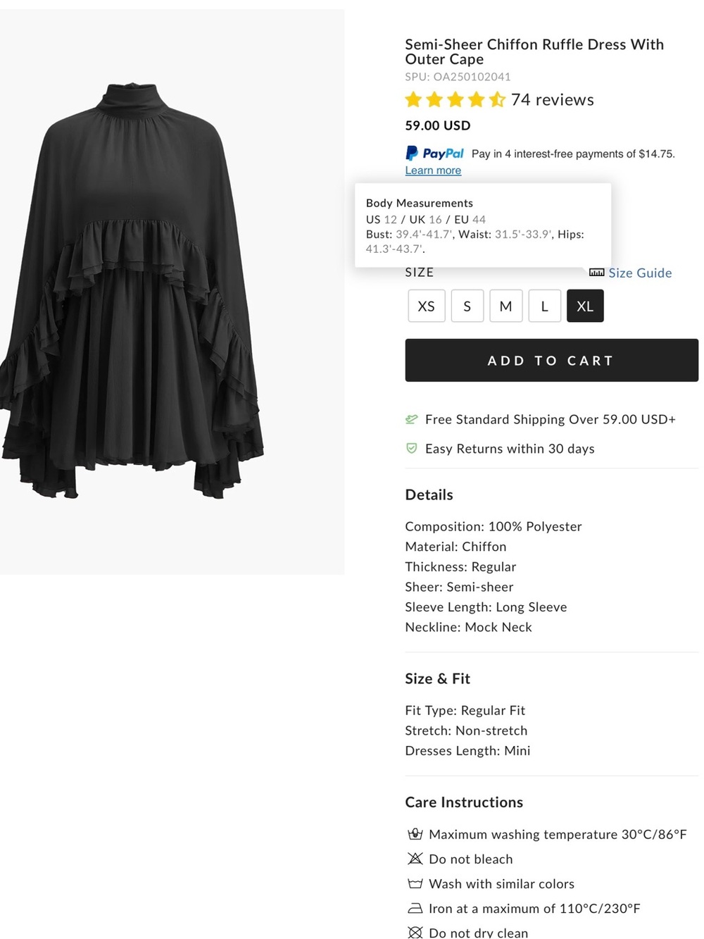 Commense Semi-Sheer Chiffon Ruffle Dress with Outer Cape - Black - XL - Picture 2 of 10